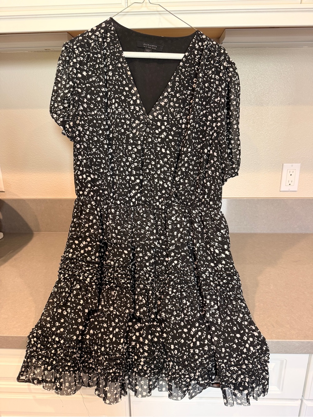 All Saints Black and White Floral Tiered V-Neck Mini Dress